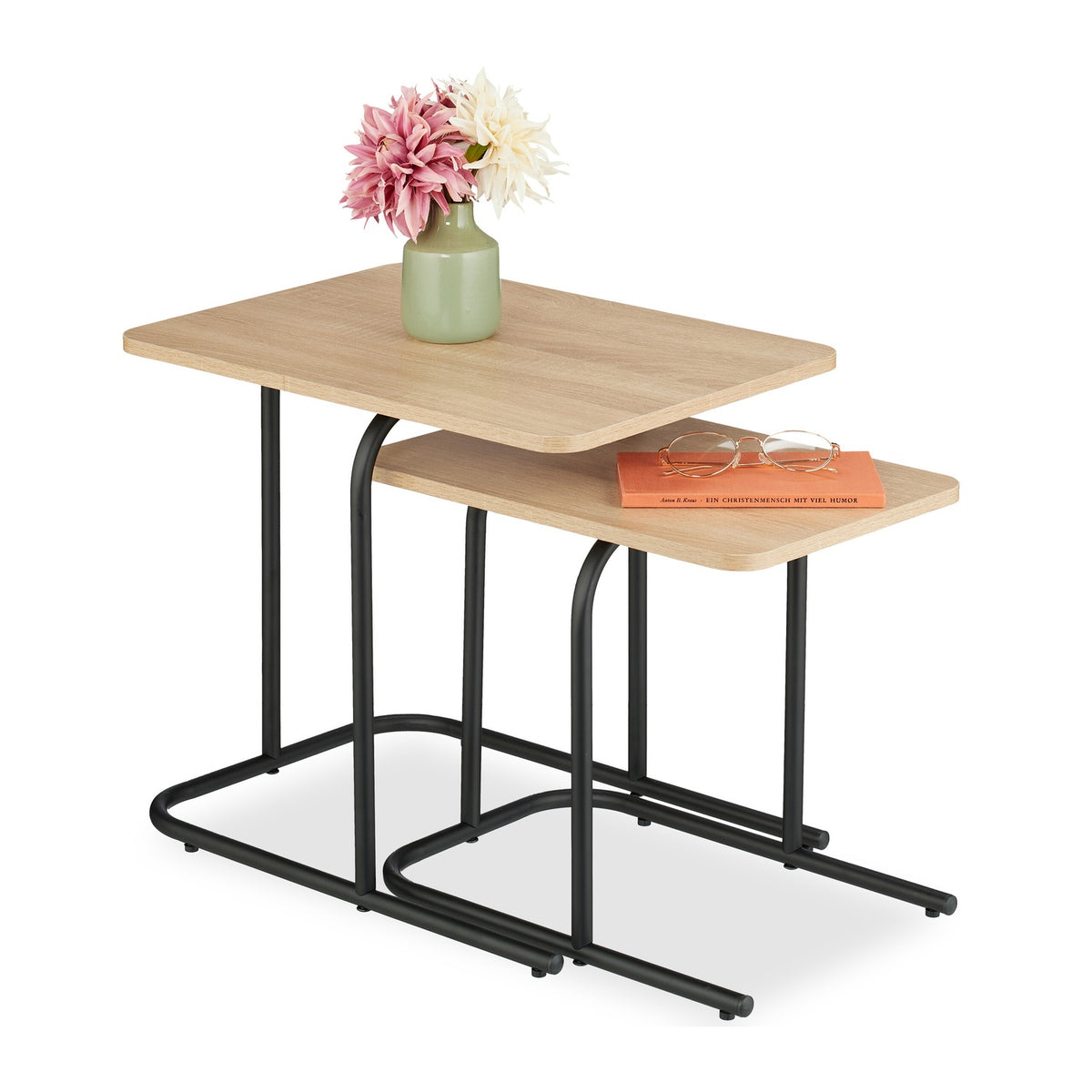 Wood Effect Nesting Tables, Set of 2, Black Metal Legs