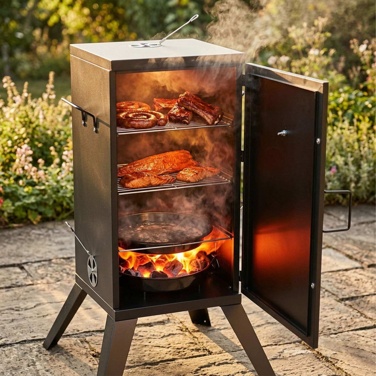 Wood-Fired Steel Smoker, Black – 2-Level Cooking