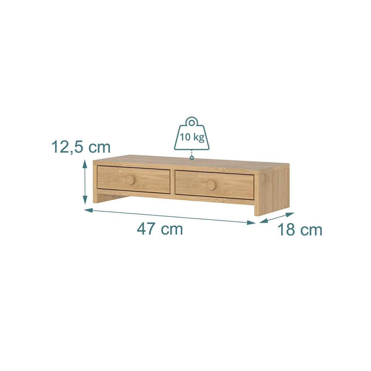 Wood Monitor Riser with 2 Drawers, 12.5 x 47 x 18 cm