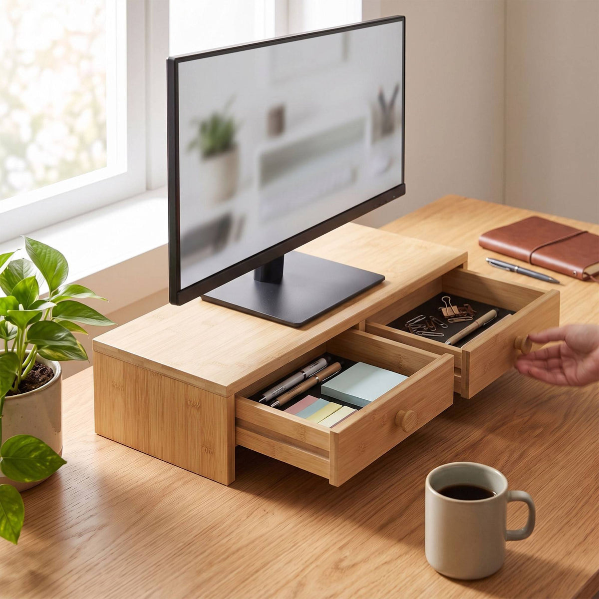 Wood Monitor Riser with 2 Drawers, 12.5 x 47 x 18 cm