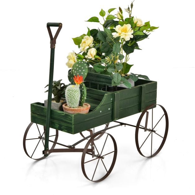 Wood Wagon Planter Cart, Adjustable Handle, 4 Wheels, Green