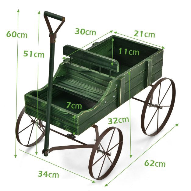 Wood Wagon Planter Cart, Adjustable Handle, 4 Wheels, Green