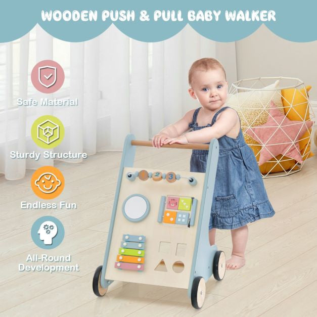 Wooden Baby Push Walker With Xylophone, Flip Blocks, Blue