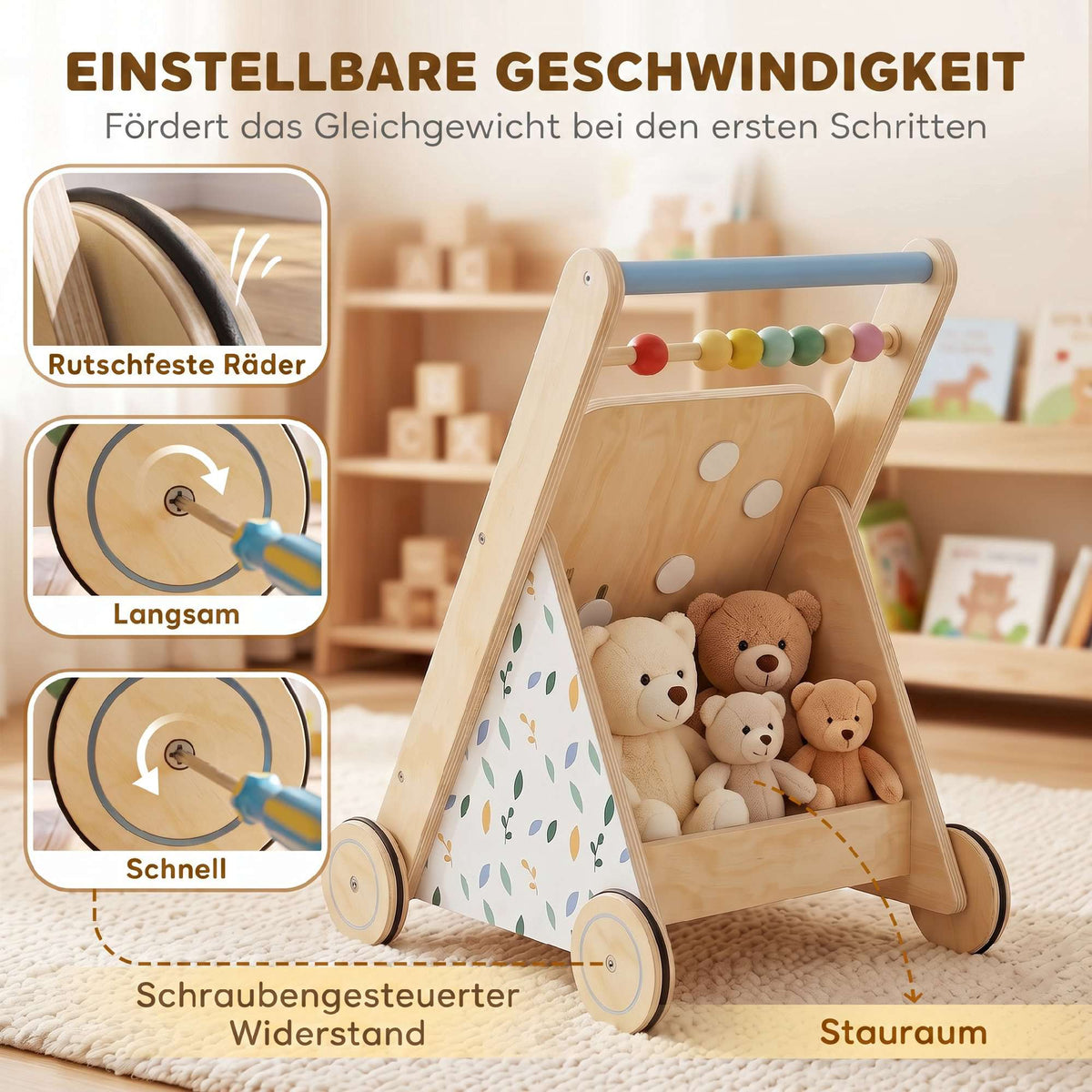 Wooden Baby Walker with Adjustable Speed and Activity Center