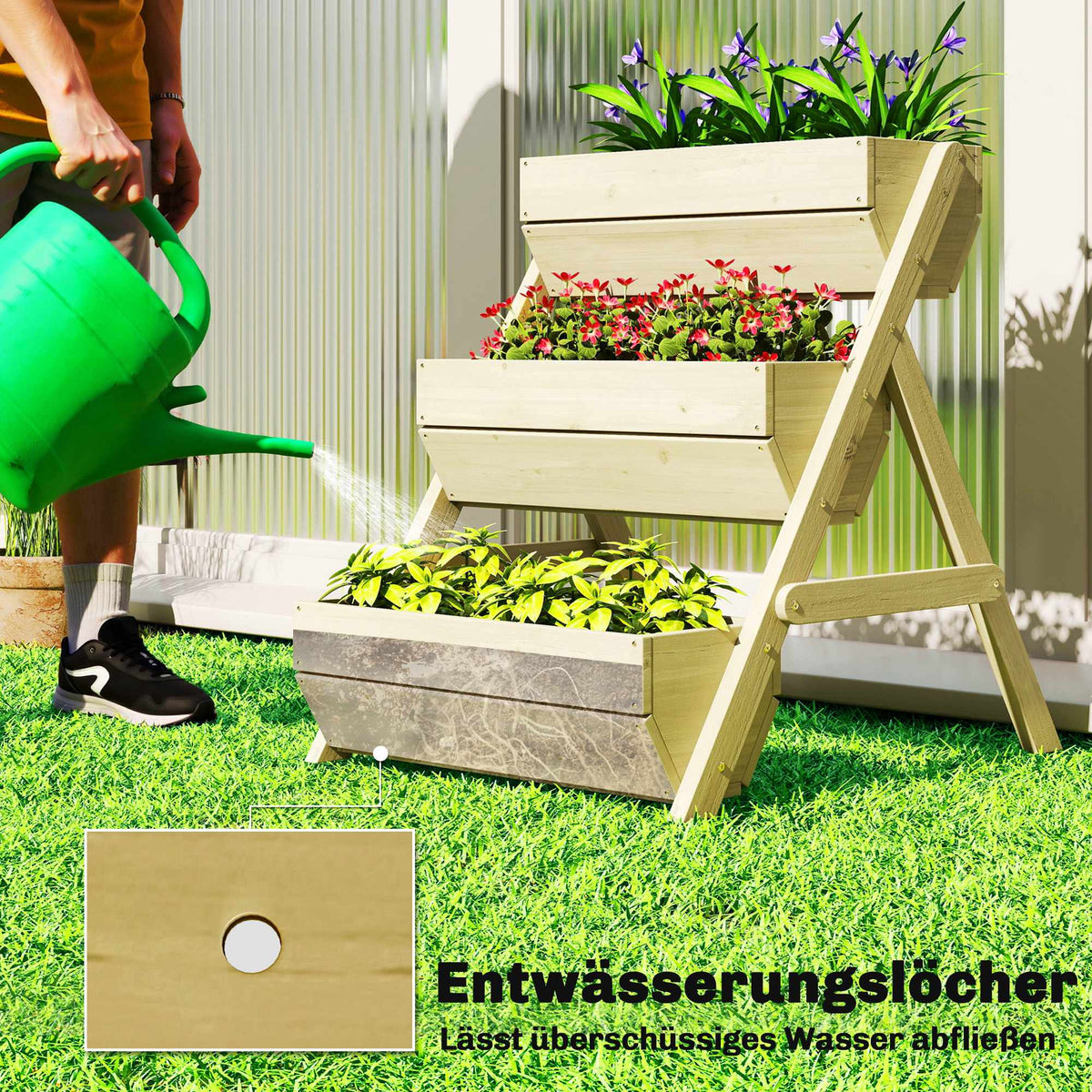 Wooden Balcony Herb Planter, 3-Tier, Drainage Holes