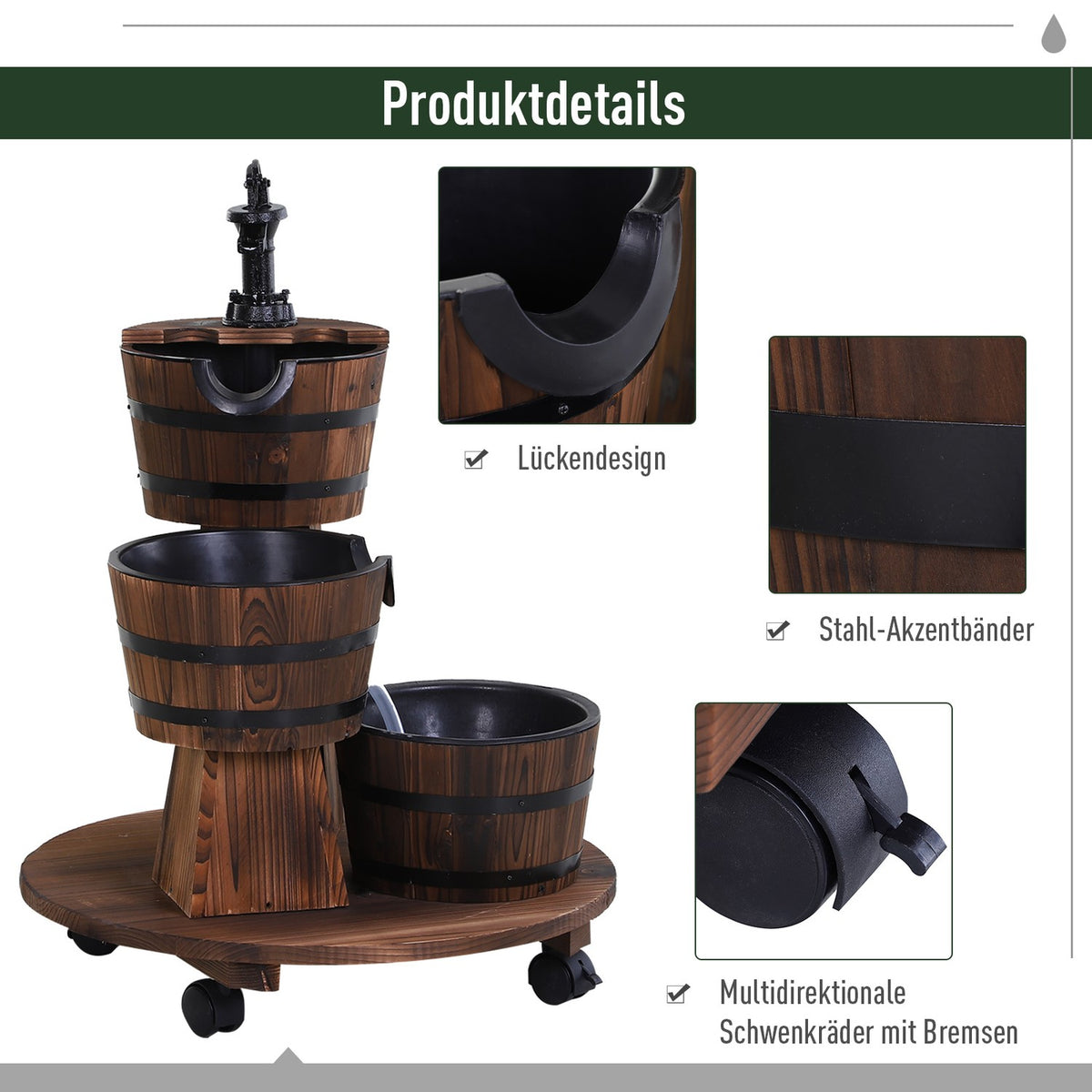 Wooden Barrel Fountain Cascade Fountain With Water Pump, Indoor Fountain, Fir Wood, Charred Wood, 60X60X78Cm
