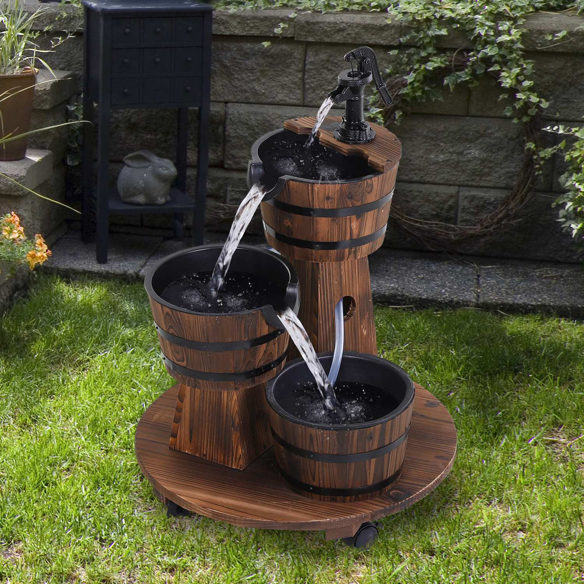 Wooden Barrel Fountain Cascade Fountain With Water Pump, Indoor Fountain, Fir Wood, Charred Wood, 60X60X78Cm