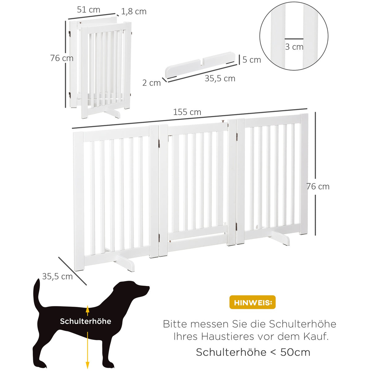 Wooden Barrier Gate Freestanding Protective Gate For Dogs, Adjustable, Foldable, White, 155X1.5X76 Cm