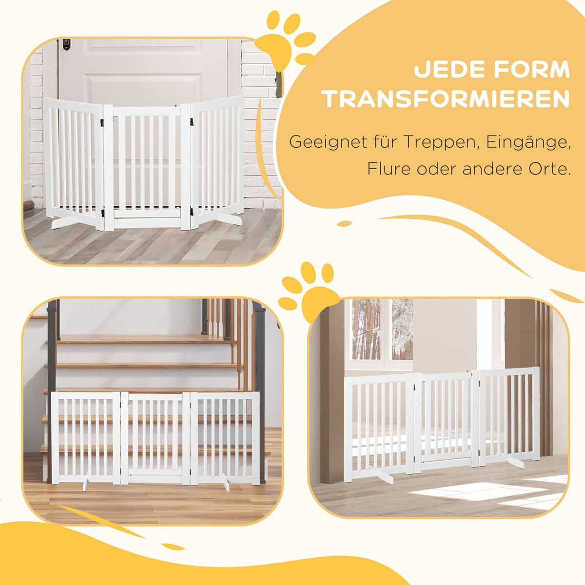 Wooden Barrier Gate Freestanding Protective Gate For Dogs, Adjustable, Foldable, White, 155X1.5X76 Cm