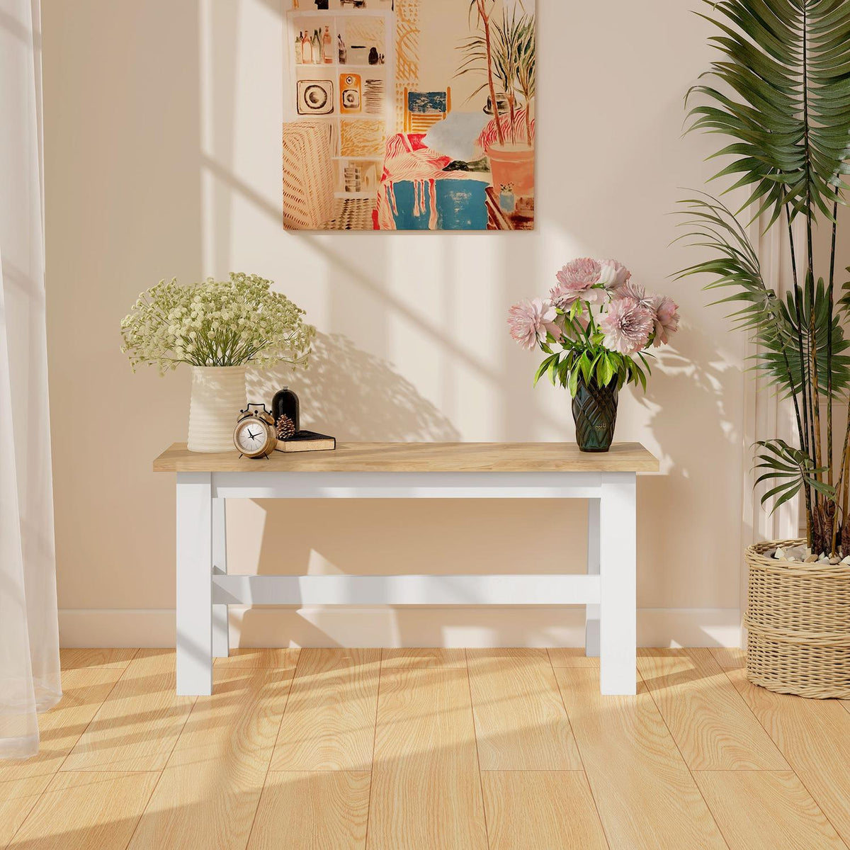 Wooden Bench for 2, Oak Finish, Rubberwood, 45 cm High
