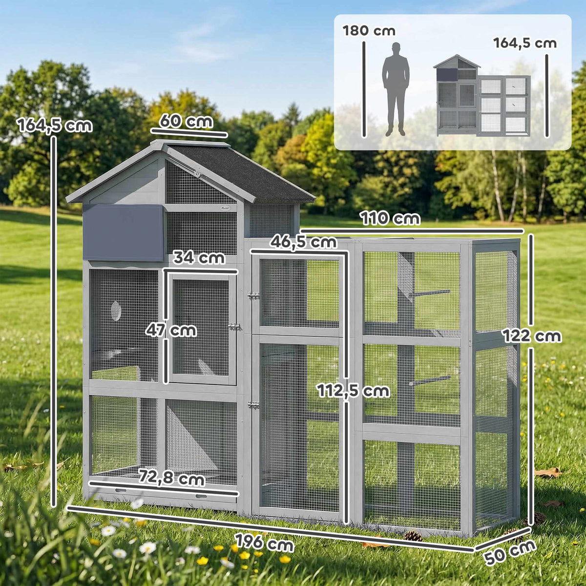 Wooden Bird Aviary with Perches, Drawer, Stainless Bowls