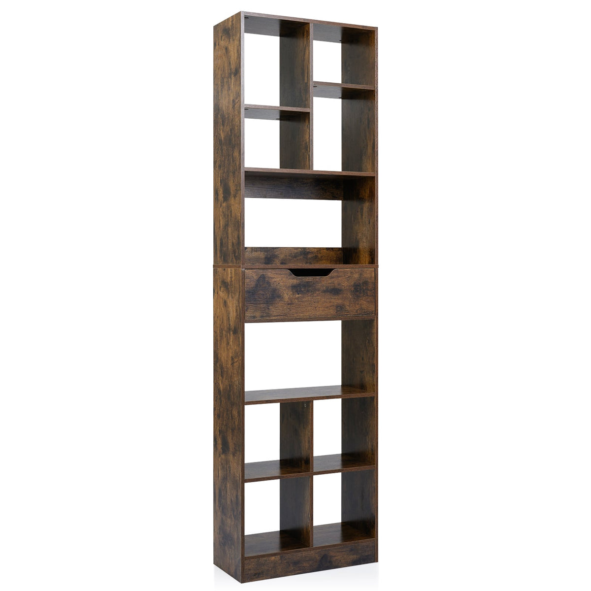 Wooden Bookshelf with 10 Shelves & 1 Drawer, 50x24x180 cm