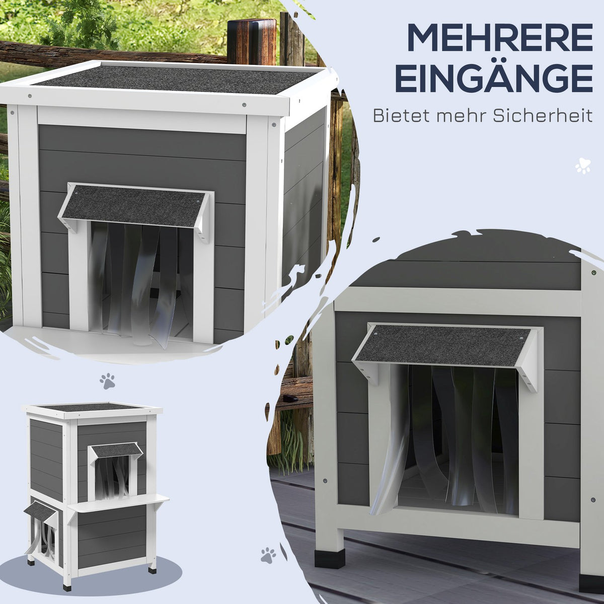 Wooden Cat House 2-Tier Weatherproof Cat House With Roof, Gray & White, 60X60X81.5Cm