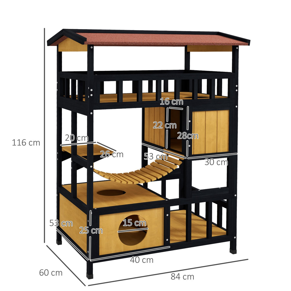 Wooden Cat House Cat Cave with Platforms, Hanging Bridge, Cat House for up to 2 Cats, Indoor and Outdoor Use, Yellow