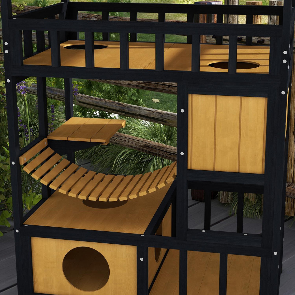 Wooden Cat House Cat Cave with Platforms, Hanging Bridge, Cat House for up to 2 Cats, Indoor and Outdoor Use, Yellow