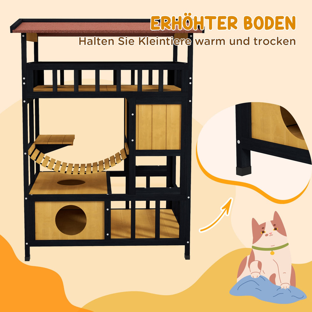 Wooden Cat House Cat Cave with Platforms, Hanging Bridge, Cat House for up to 2 Cats, Indoor and Outdoor Use, Yellow