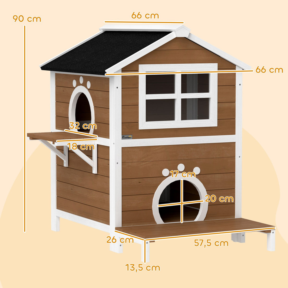 Wooden Cat House Cat Cave with Window Balcony Weatherproof Cat House with 2 Levels Removable Base for 1-2 Cats Indoor Outdoor 66 x 66 x 90 cm Brown