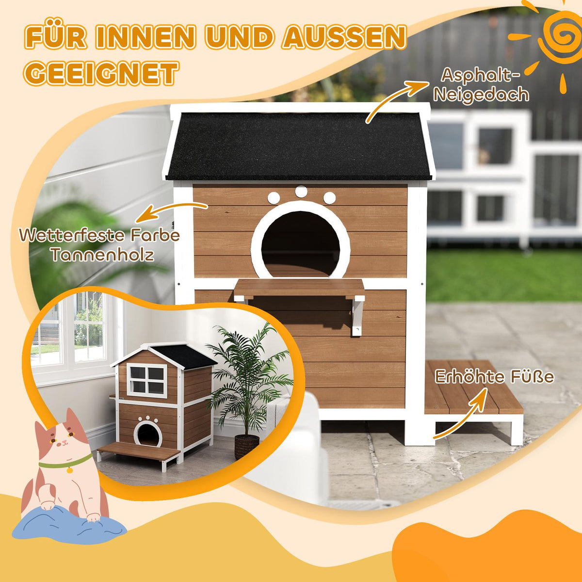 Wooden Cat House Cat Cave with Window Balcony Weatherproof Cat House with 2 Levels Removable Base for 1-2 Cats Indoor Outdoor 66 x 66 x 90 cm Brown