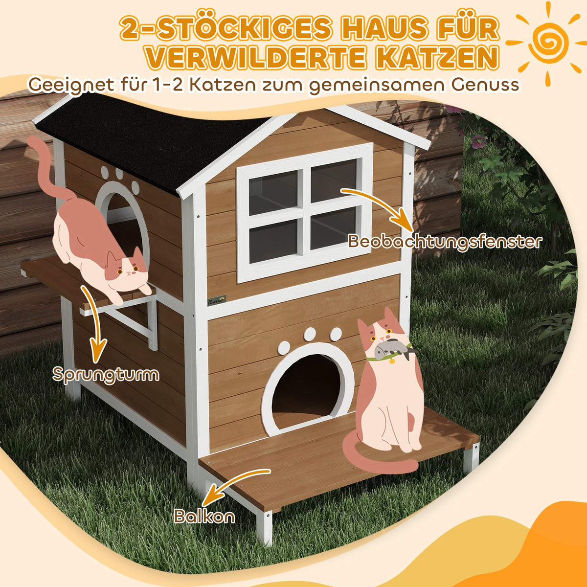 Wooden Cat House Cat Cave with Window Balcony Weatherproof Cat House with 2 Levels Removable Base for 1-2 Cats Indoor Outdoor 66 x 66 x 90 cm Brown