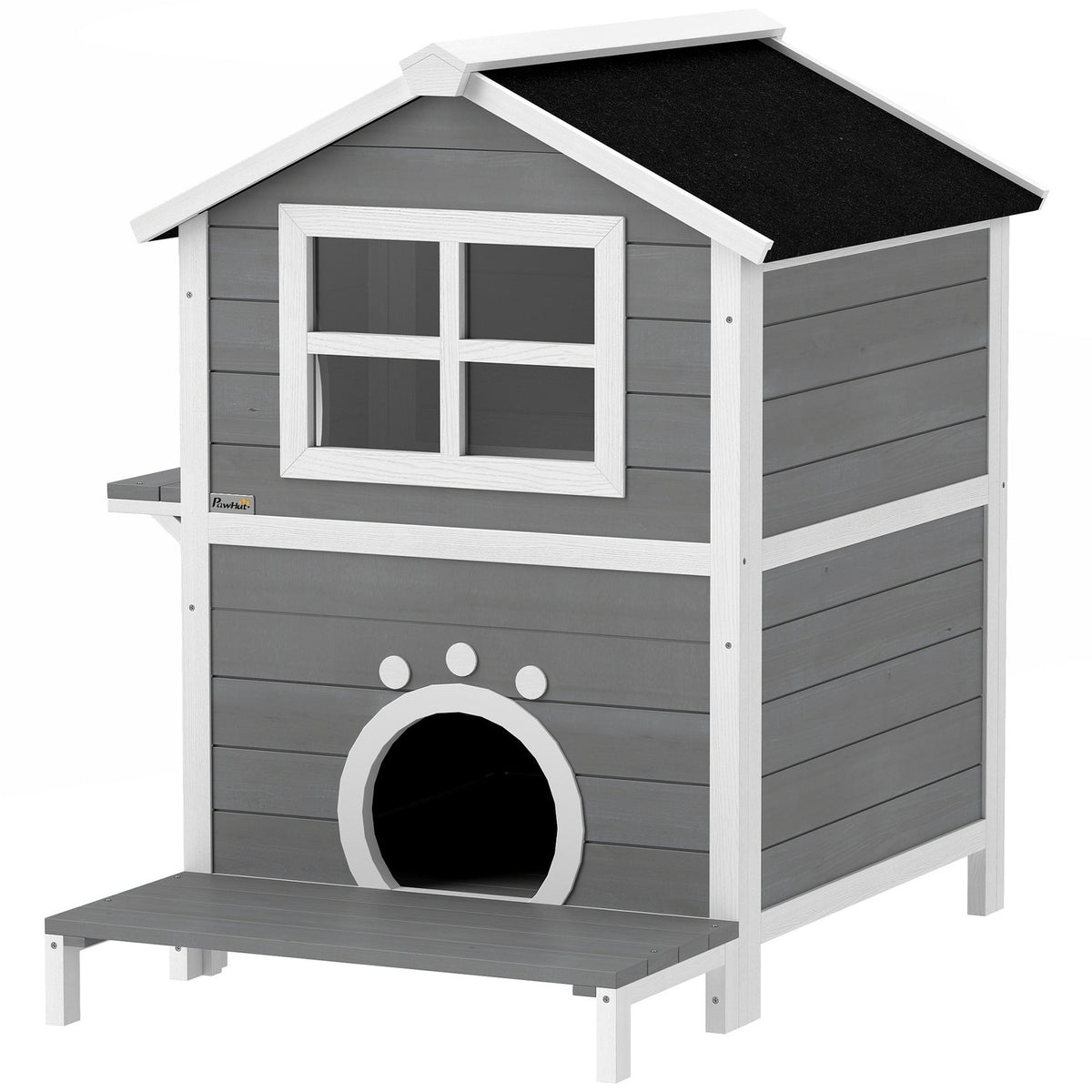 Wooden Cat House Cat Cave with Window Balcony Weatherproof Cat House with 2 Levels Removable Base for 1-2 Cats Indoor Outdoor 66 x 66 x 90 cm Gray