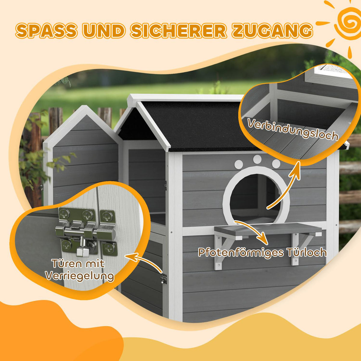 Wooden Cat House Cat Cave with Window Balcony Weatherproof Cat House with 2 Levels Removable Base for 1-2 Cats Indoor Outdoor 66 x 66 x 90 cm Gray