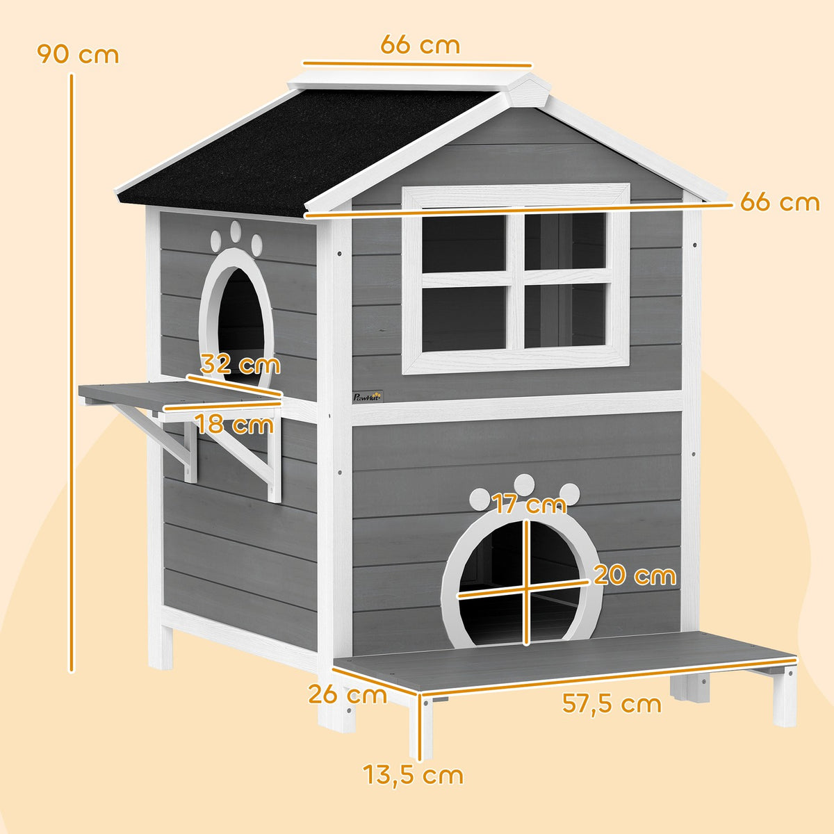 Wooden Cat House Cat Cave with Window Balcony Weatherproof Cat House with 2 Levels Removable Base for 1-2 Cats Indoor Outdoor 66 x 66 x 90 cm Gray