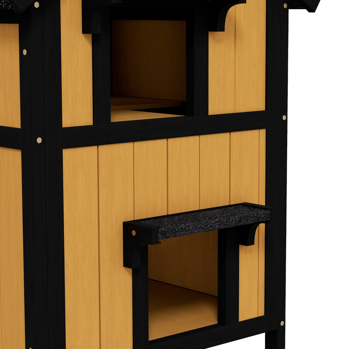 Wooden Cat House Multi-Entrance 2 Tier Outdoor Cat Cave With Asphalt Roof For Cats Up To 7Kg Yellow