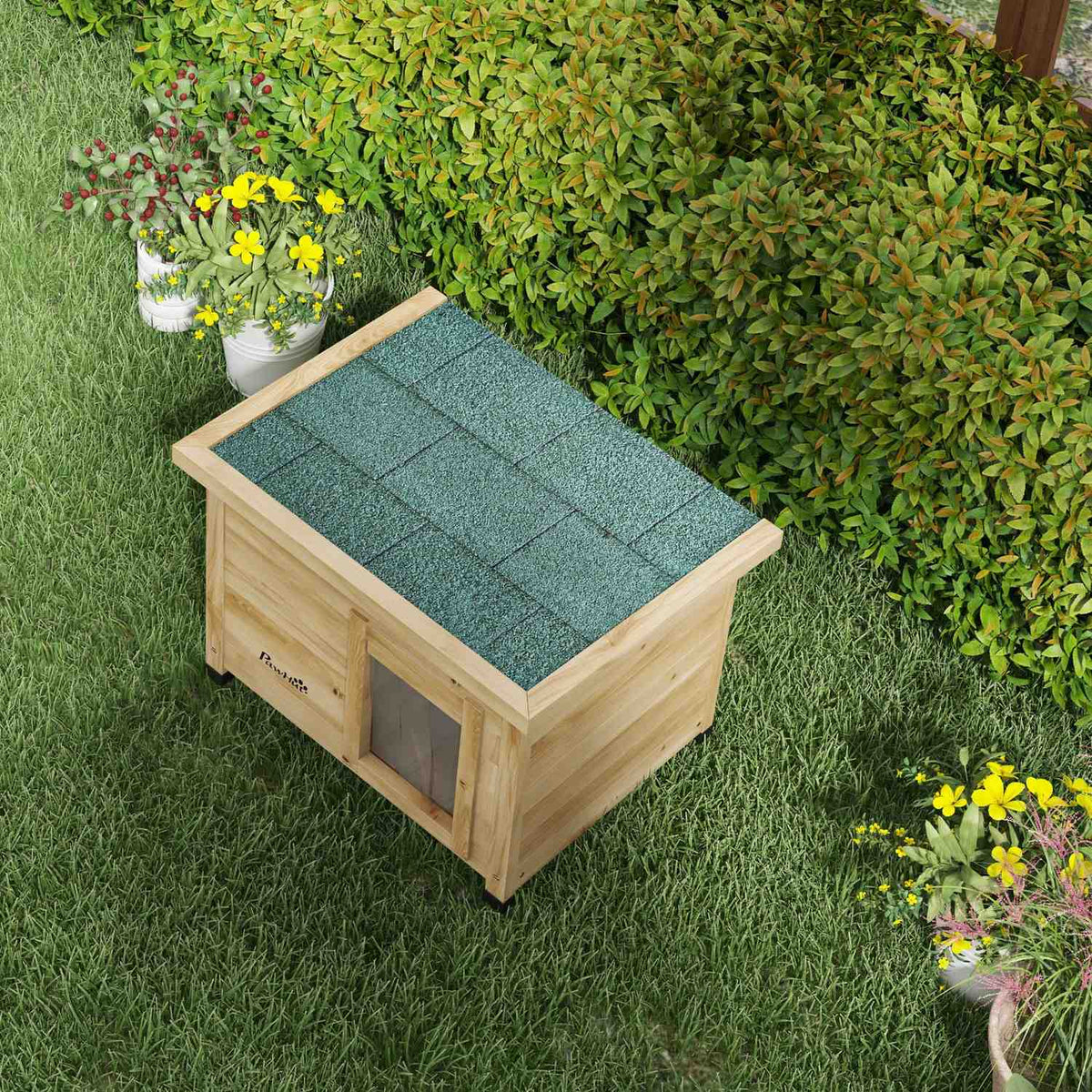 Wooden Cat House, Outdoor Cat House, Cat Cave With Door Curtain, Small Animal House With Raised Design, Yellow, 57 X 45 X 43 Cm
