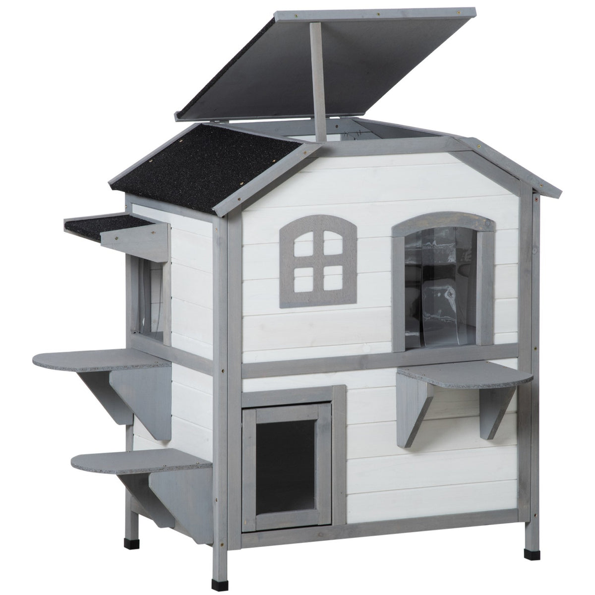Wooden Cat House, Outdoor Cat House With Stairs, 2 Levels, Small Animal House For Cats Up To 4.5 Kg, White, 78 X 55.5 X 91 Cm