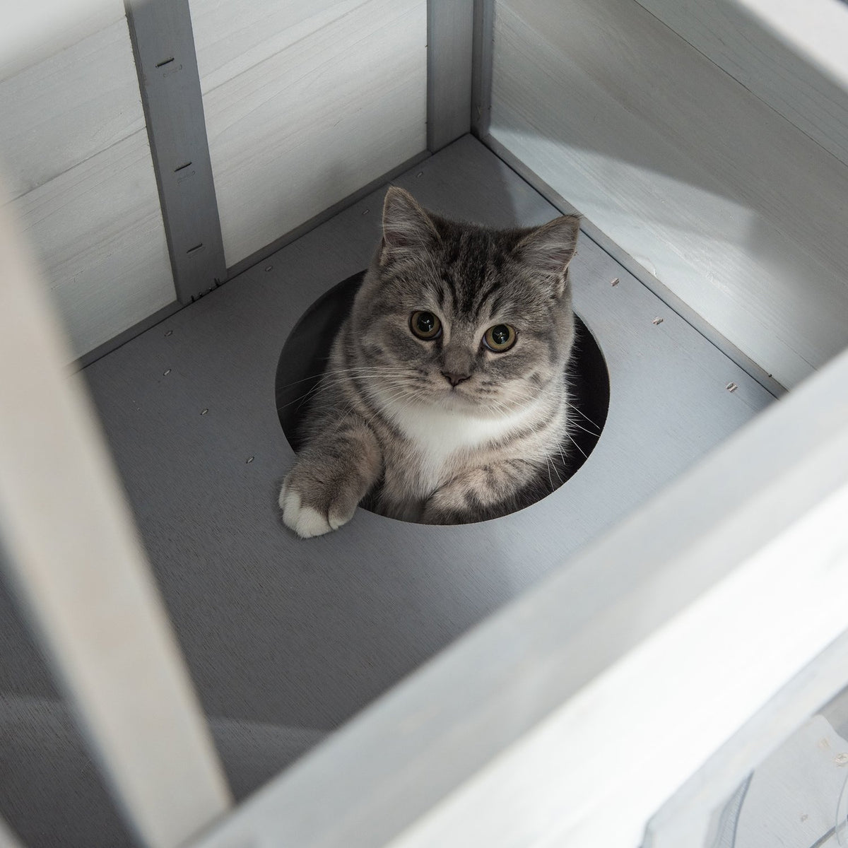 Wooden Cat House, Outdoor Cat House With Stairs, 2 Levels, Small Animal House For Cats Up To 4.5 Kg, White, 78 X 55.5 X 91 Cm