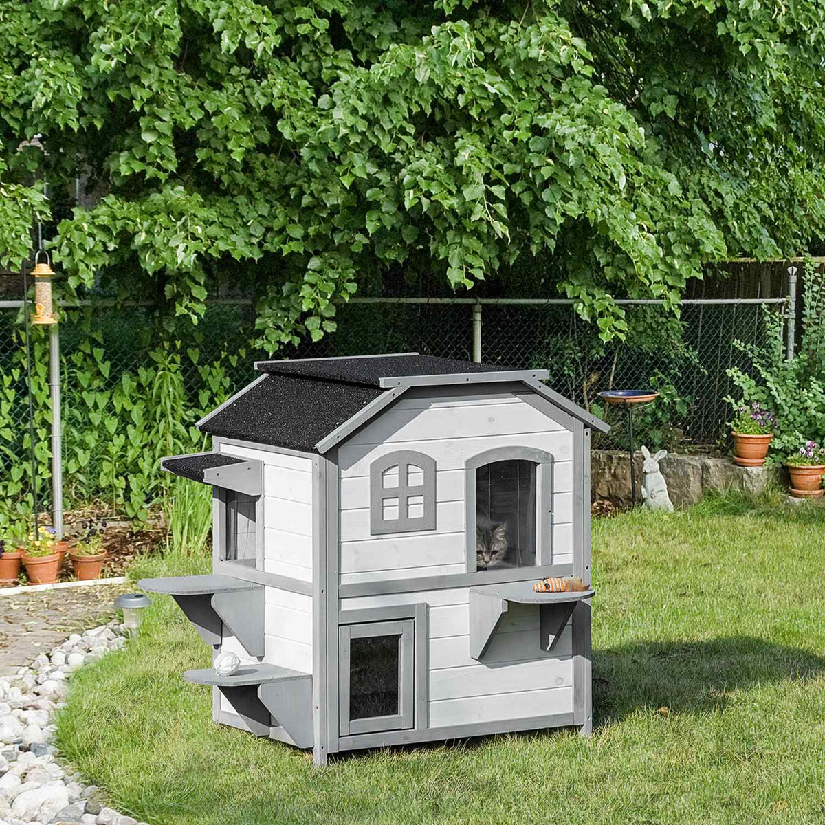 Wooden Cat House, Outdoor Cat House With Stairs, 2 Levels, Small Animal House For Cats Up To 4.5 Kg, White, 78 X 55.5 X 91 Cm