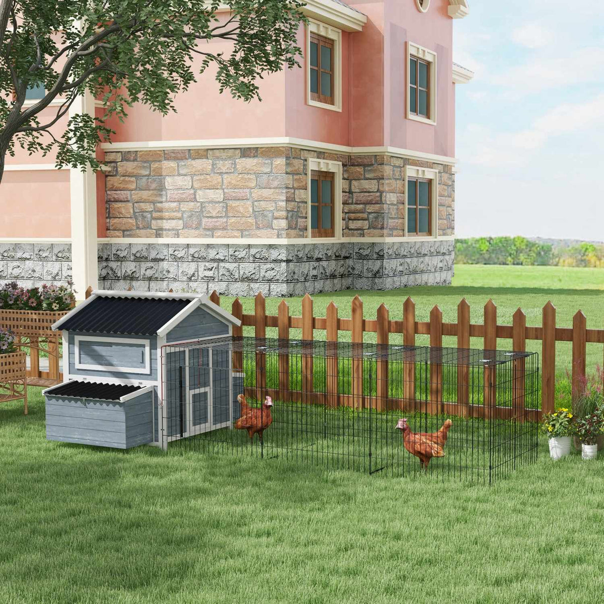 Wooden Chicken Coop Chicken House With Nesting Box, Free Run Run For 3-4 Chickens Playpen With Tray, Dark Gray, 334 X 150 X 108 Cm