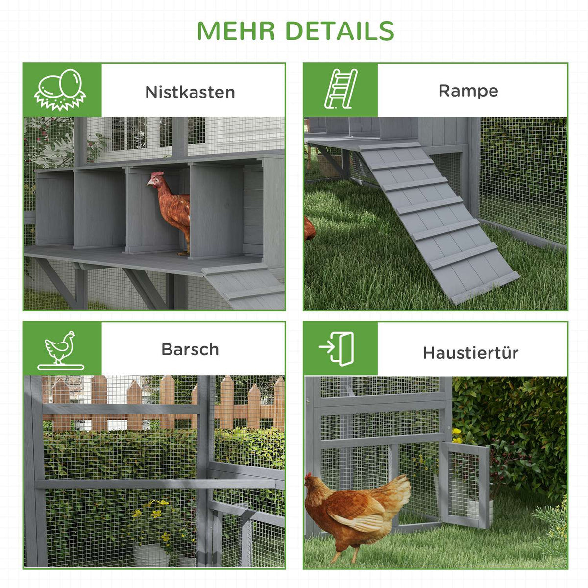 Wooden Chicken Coop Outdoor Run, 280 X 185.5 X 188 Cm Chicken Cage With Door, Nesting Box, Roof, Ramp, Outdoor Enclosure For 8-12 Chickens, Grey