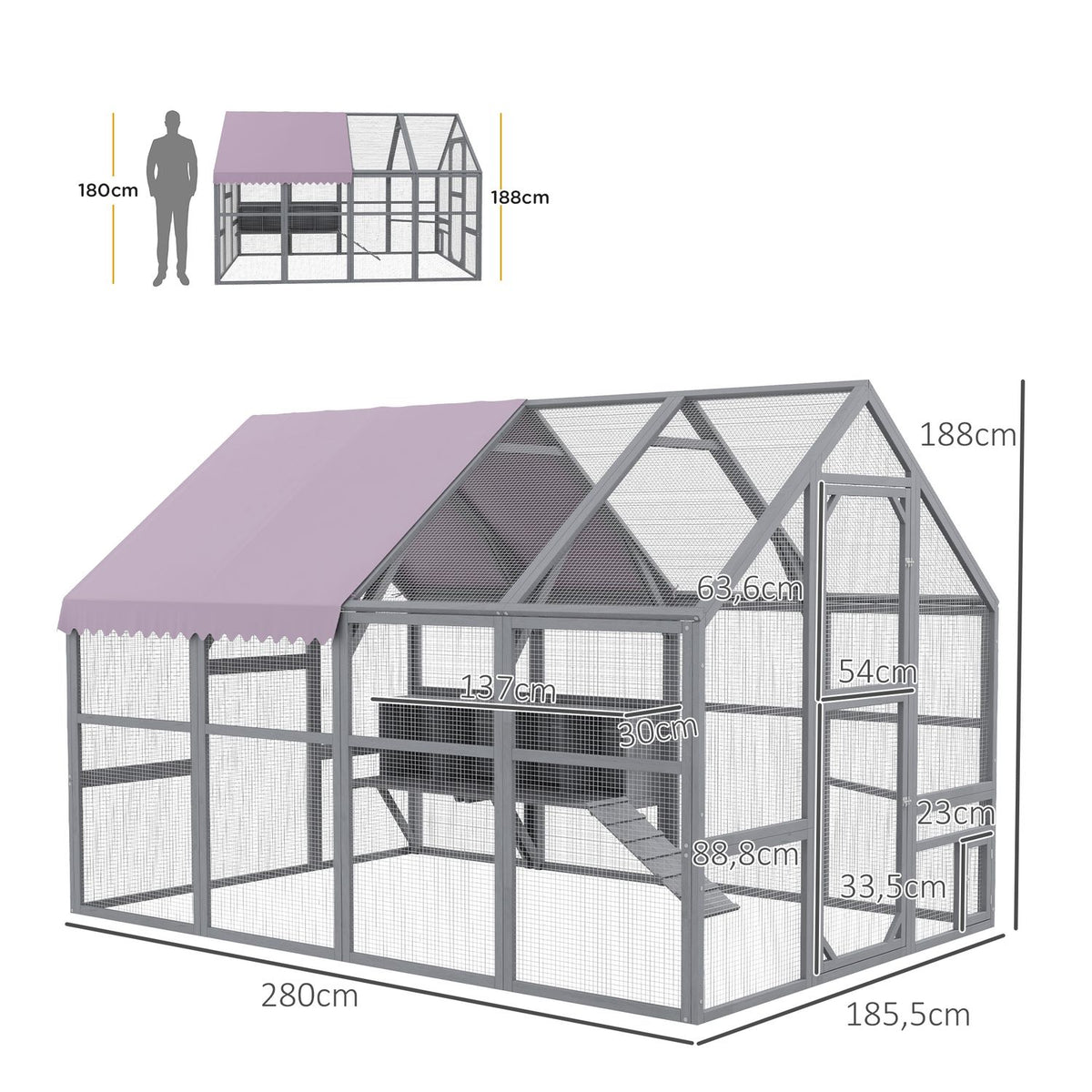 Wooden Chicken Coop Outdoor Run, 280 X 185.5 X 188 Cm Chicken Cage With Door, Nesting Box, Roof, Ramp, Outdoor Enclosure For 8-12 Chickens, Grey