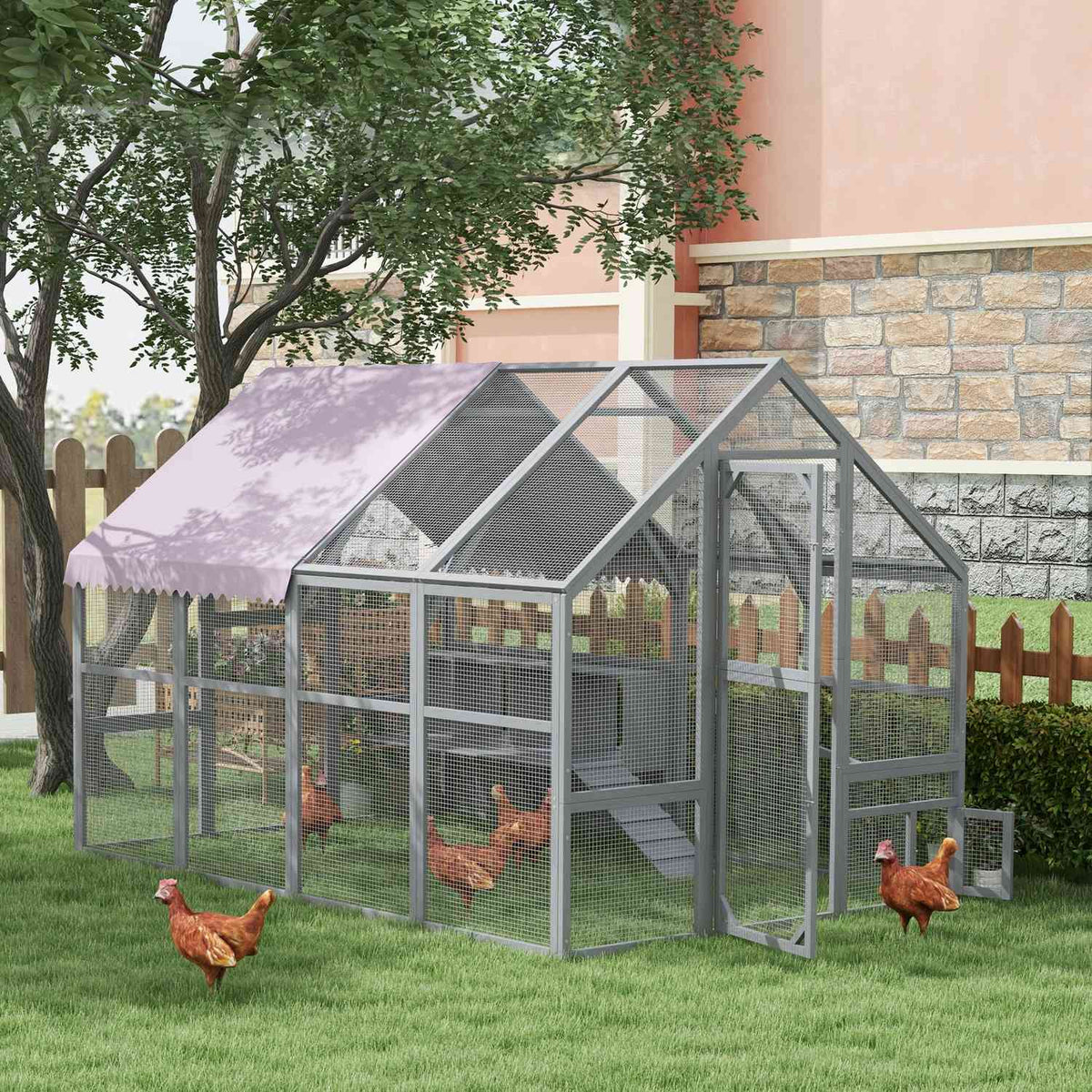 Wooden Chicken Coop Outdoor Run, 280 X 185.5 X 188 Cm Chicken Cage With Door, Nesting Box, Roof, Ramp, Outdoor Enclosure For 8-12 Chickens, Grey