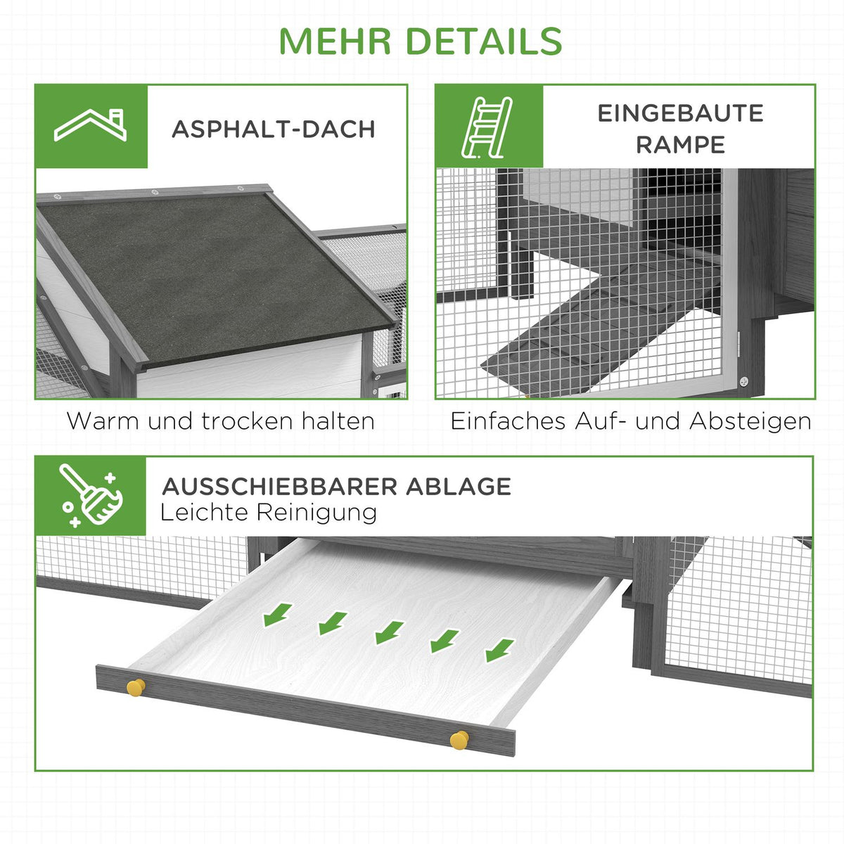 Wooden Chicken Coop With Nesting Box, Ramp, Double Playpen, Gray