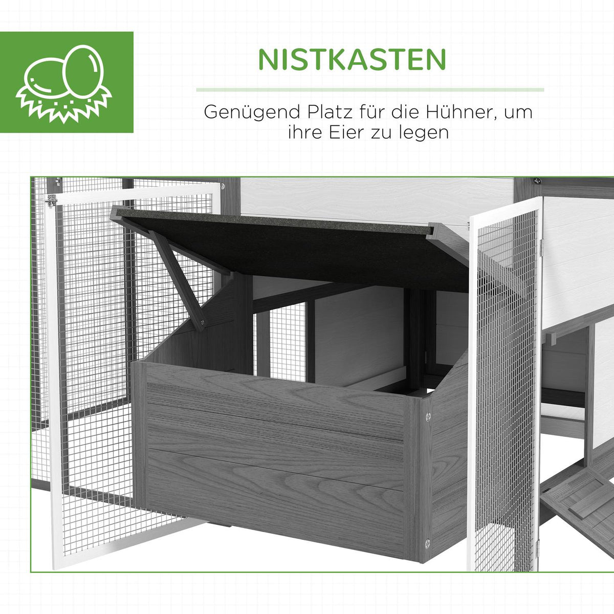Wooden Chicken Coop With Nesting Box, Ramp, Double Playpen, Gray