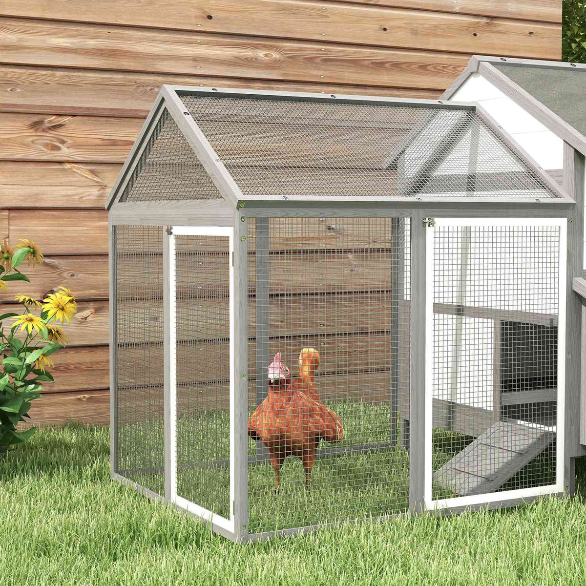 Wooden Chicken Coop With Nesting Box, Ramp, Double Playpen, Gray
