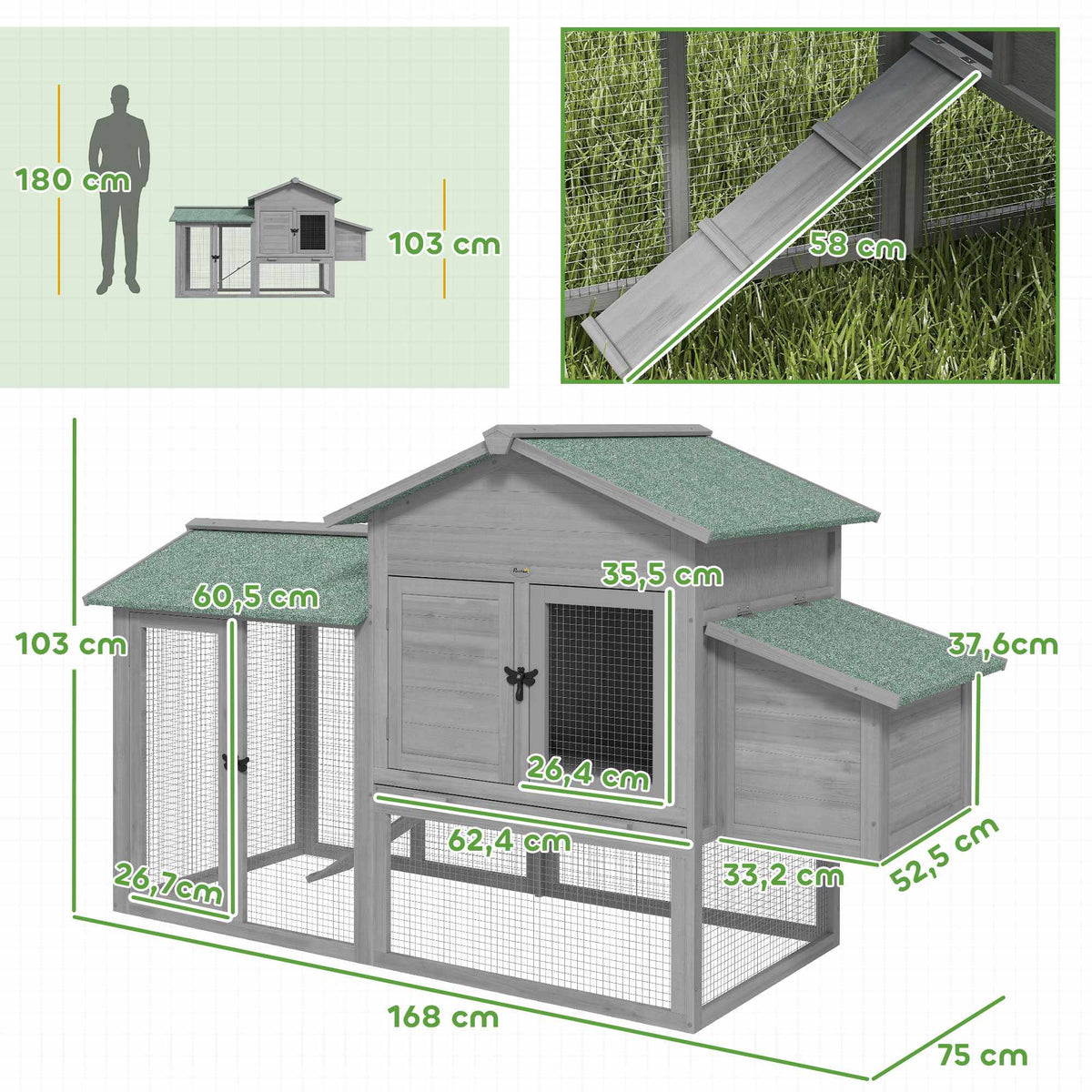 Wooden Chicken Coop with Run and Nesting Box, 168x75x103 cm