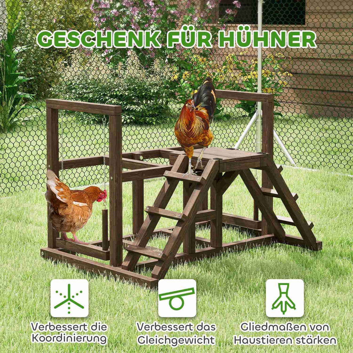 Wooden Chicken Play Frame, Playground for Chickens with Chicken Perches, Swing, Ladder, Platforms Chicken Climbing Frame for 3 Chickens Brown |