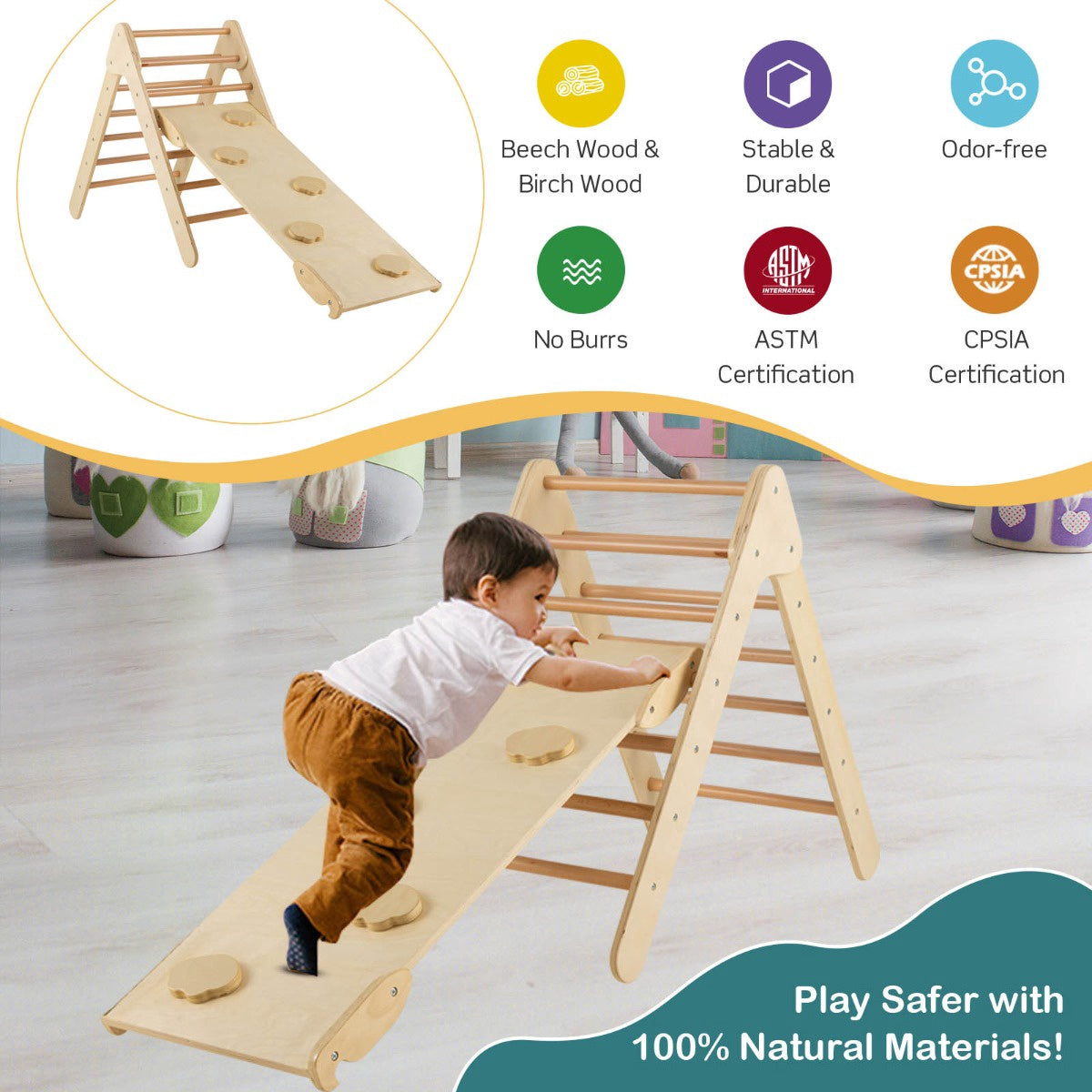 Wooden Climbing Triangle Set With Reversible Slide Ramp