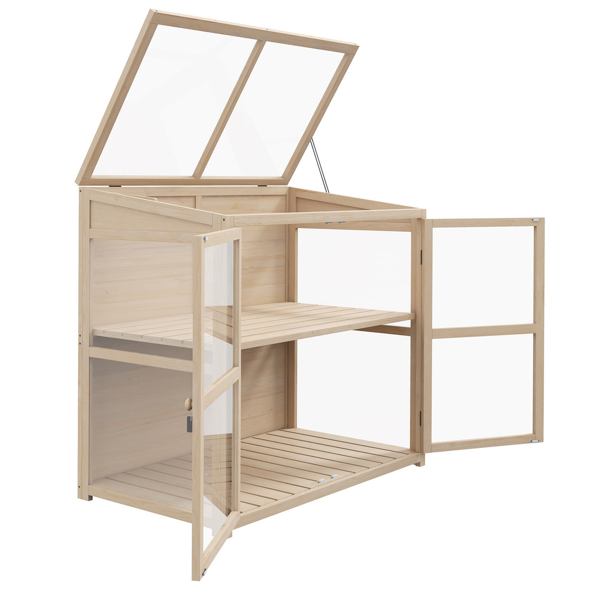 Wooden Cold Frame 2 Tier Greenhouse With Double Door & Skylight, Windproof, Natural, 103X61X103Cm