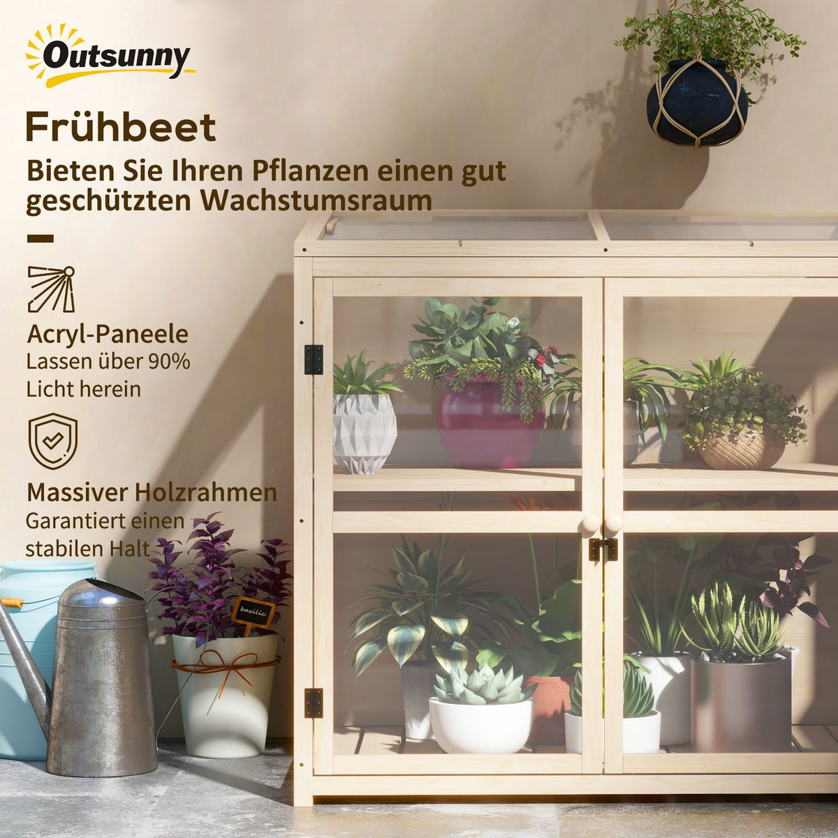 Wooden Cold Frame 2 Tier Greenhouse With Double Door & Skylight, Windproof, Natural, 103X61X103Cm