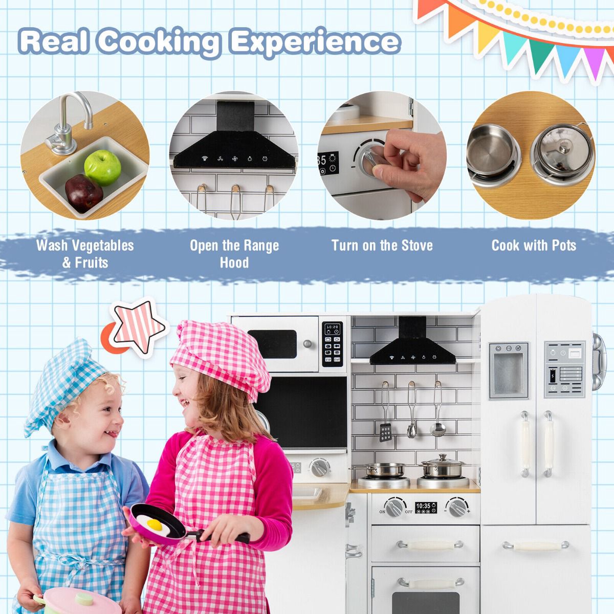 Wooden Corner Play Kitchen Set, White, 5 Accessories