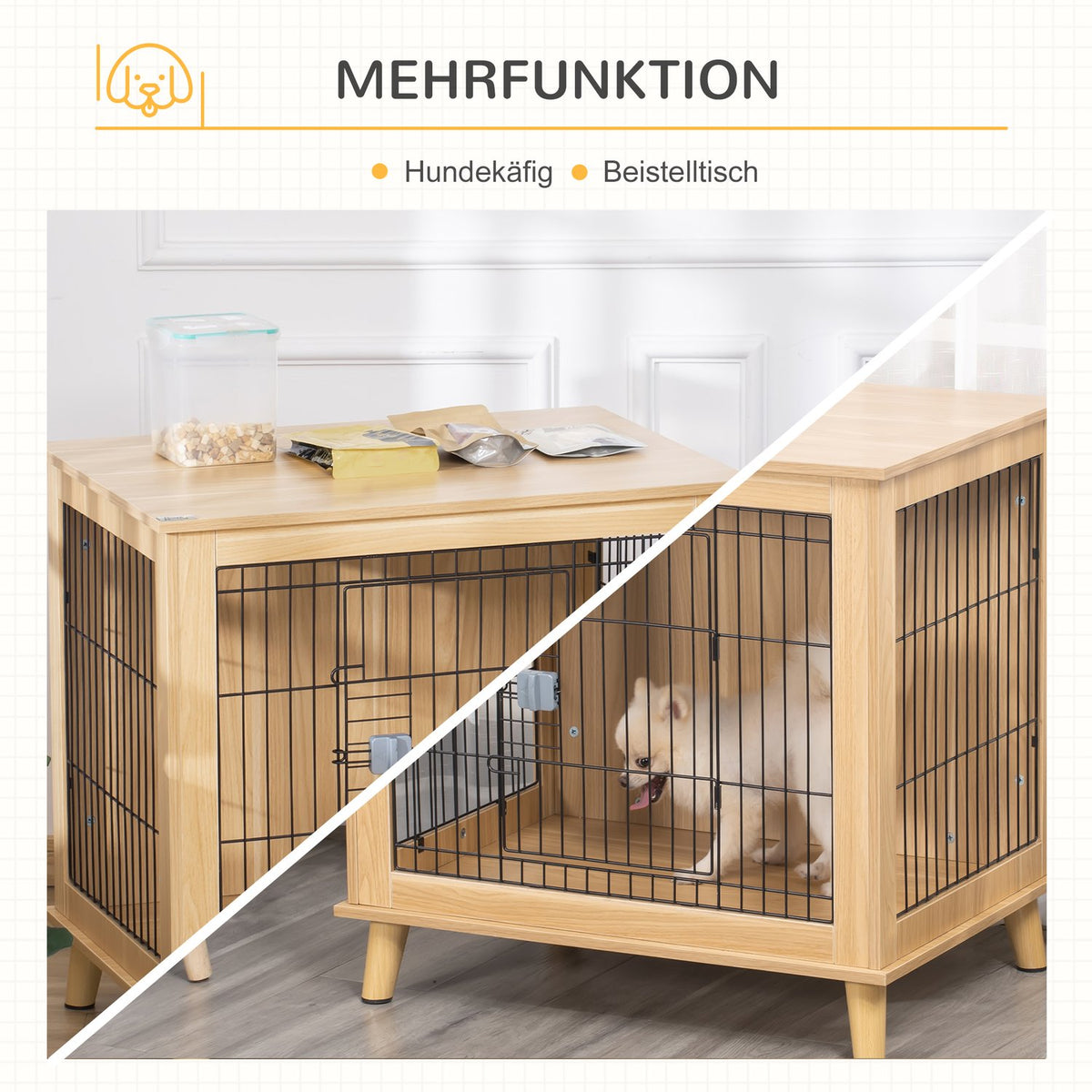 Wooden Dog Cage Transport Box With Table Top, Raised Design, Natural, 81X58.5X76 Cm