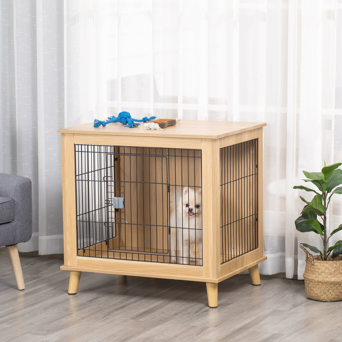 Wooden Dog Cage Transport Box With Table Top, Raised Design, Natural, 81X58.5X76 Cm