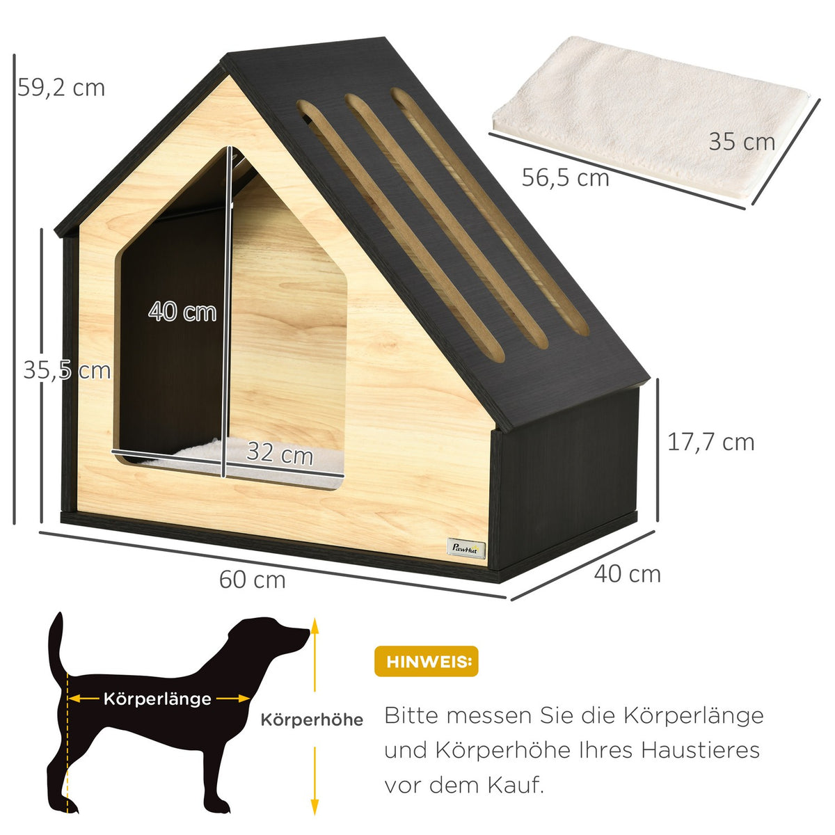Wooden Dog House Cozy Indoor Cat Cave & Dog Sleeping Place With Cushion, For Small Dogs Up To 8Kg, 60X40X59.2Cm