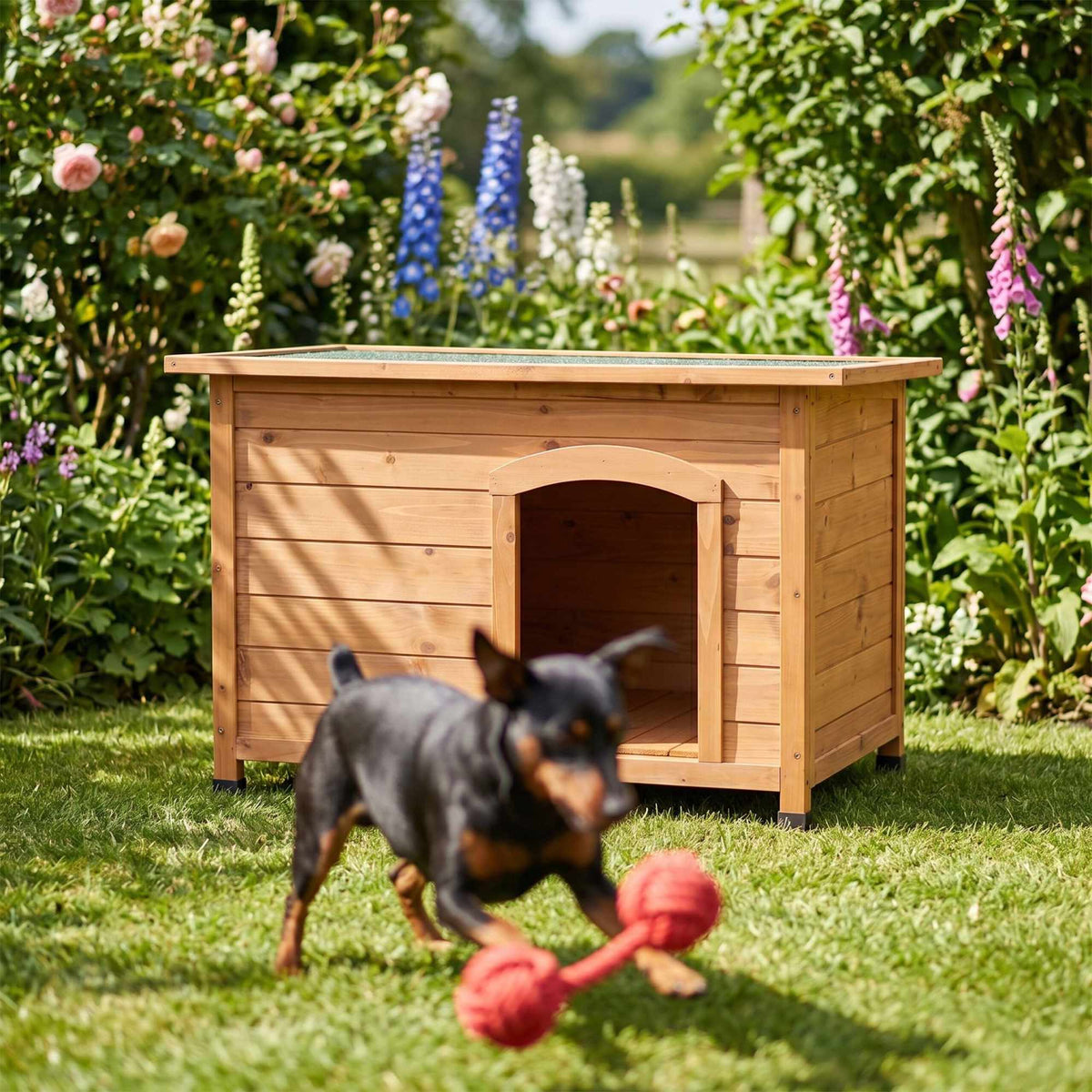 Wooden Dog House, Orange – Waterproof Roof, Raised Base
