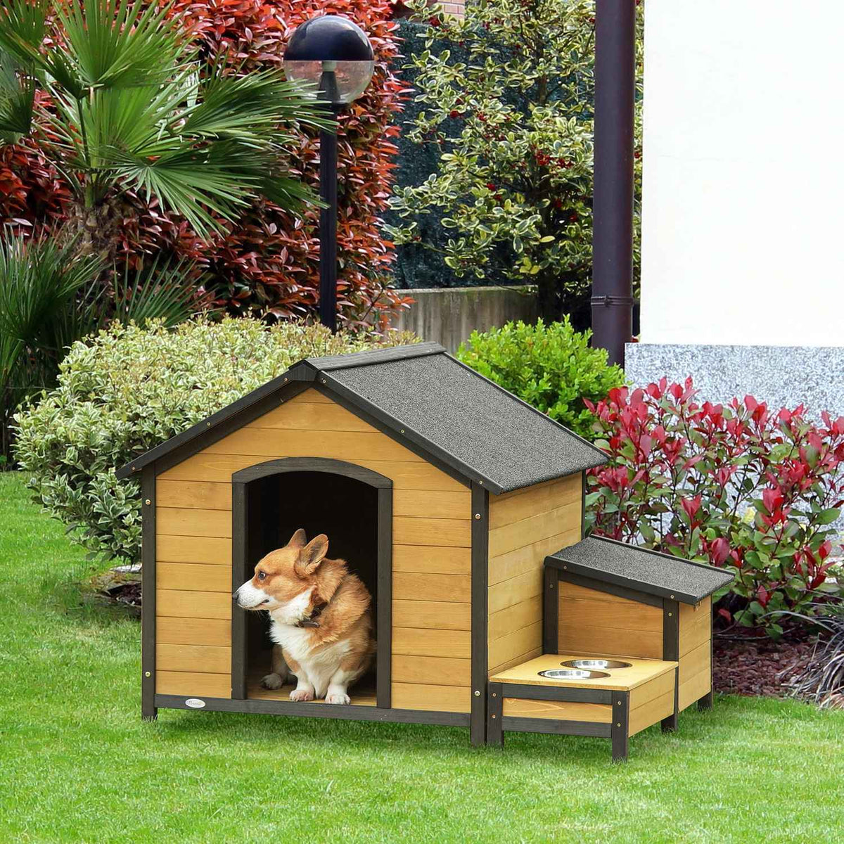 Wooden Dog Kennel Insulated Small Animal House With 2 Dog Bowls, Asphalt Roof, Outdoor, Weatherproof, Fir Wood