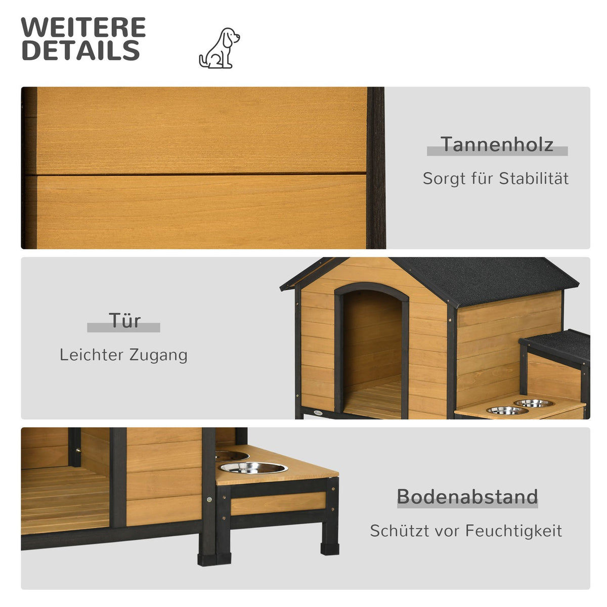 Wooden Dog Kennel Insulated Small Animal House With 2 Dog Bowls, Asphalt Roof, Outdoor, Weatherproof, Fir Wood
